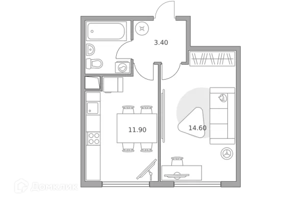 Планировка 1 комн. в ЖК «Бригантина»