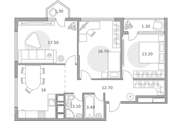 Планировка 3 комн. в ЖК «Бригантина»
