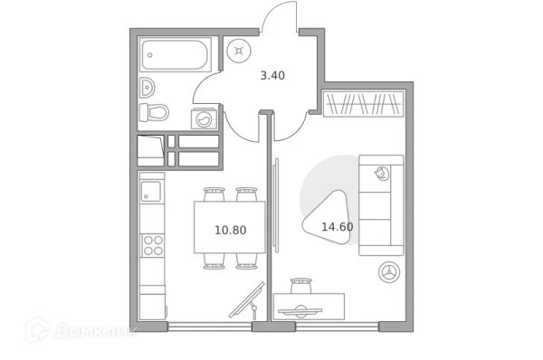 Планировка 1 комн. в ЖК «Бригантина»