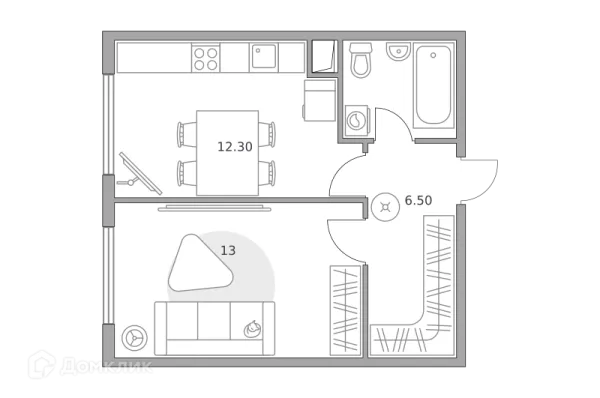 Планировка 1 комн. в ЖК «Бригантина»