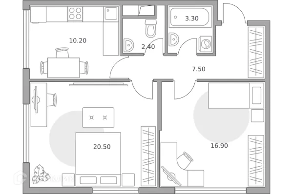 Планировка 2 комн. в ЖК «Бригантина»