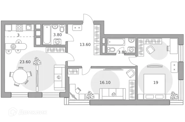 Планировка 3 комн. в ЖК «Бригантина»