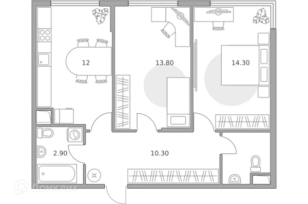 Планировка 2 комн. в ЖК «Бригантина»