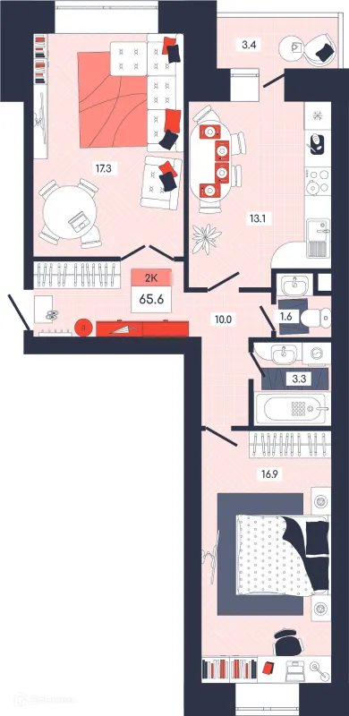 Планировка 2 комн. в ЖК ФЕНИКС