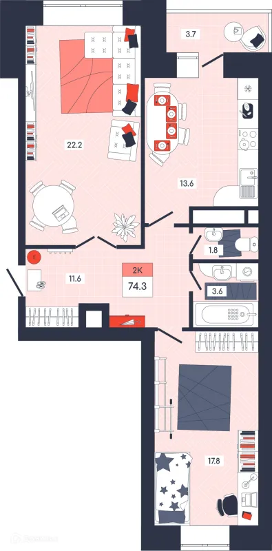 Планировка 2 комн. в ЖК ФЕНИКС