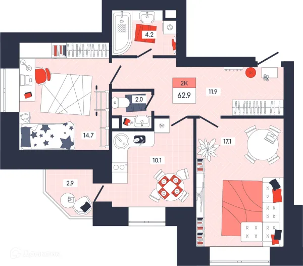 Планировка 2 комн. в ЖК ФЕНИКС