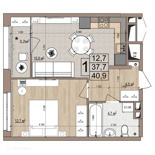 Планировка 1 комн. в ЖК Гранд комфорт