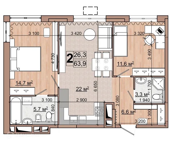 Планировка 2 комн. в ЖК Гранд комфорт
