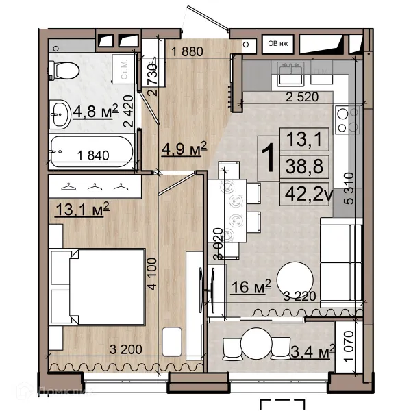 Планировка 1 комн. в ЖК Гранд комфорт
