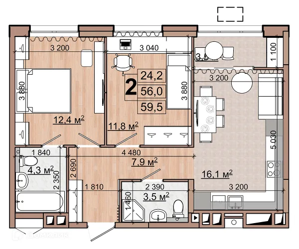 Планировка 2 комн. в ЖК Гранд комфорт