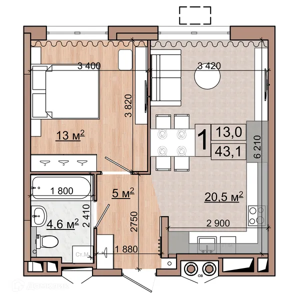 Планировка 1 комн. в ЖК Гранд комфорт