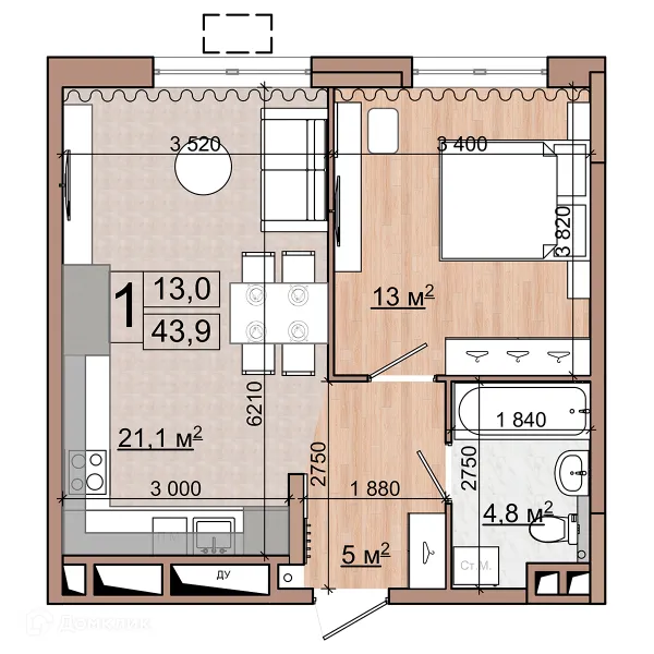 Планировка 1 комн. в ЖК Гранд комфорт