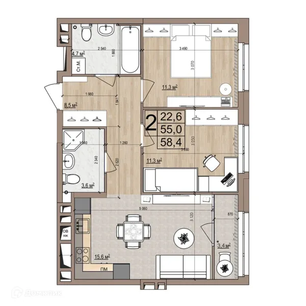 Планировка 2 комн. в ЖК Гранд комфорт