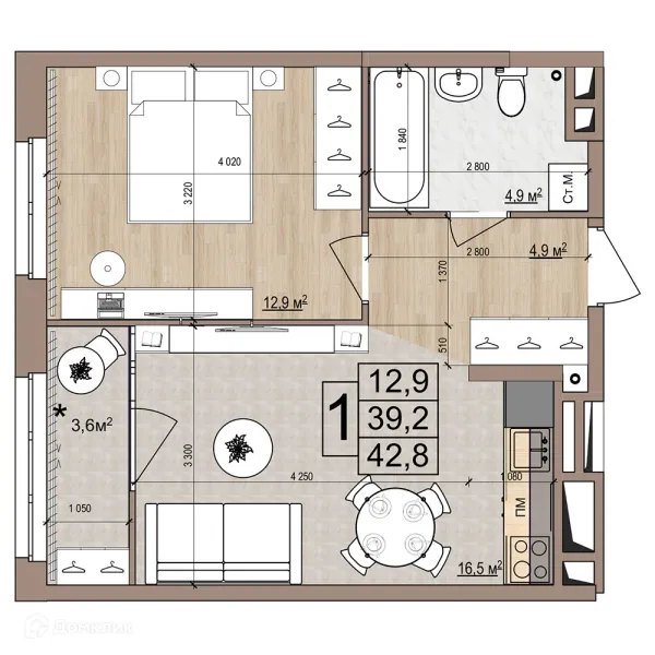 Планировка 1 комн. в ЖК Гранд комфорт