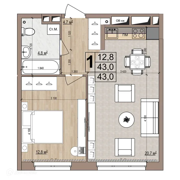Планировка 1 комн. в ЖК Гранд комфорт