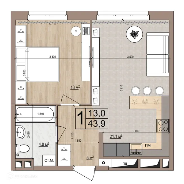 Планировка 1 комн. в ЖК Гранд комфорт