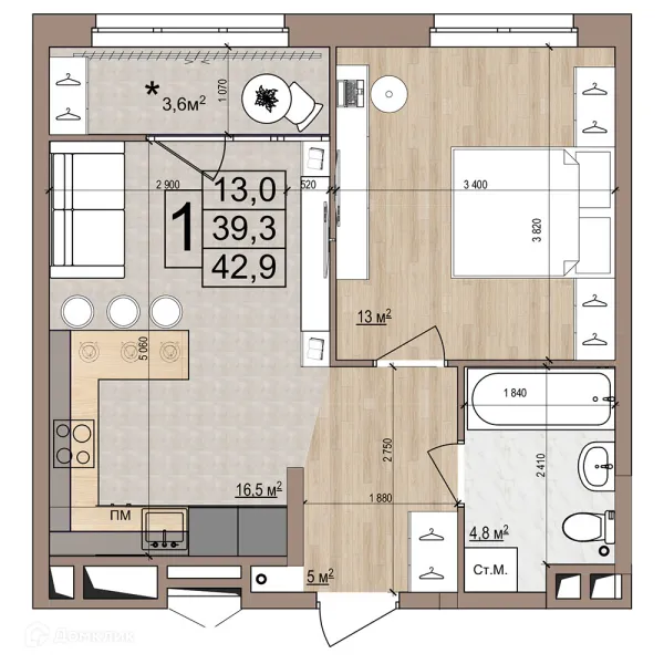 Планировка 1 комн. в ЖК Гранд комфорт