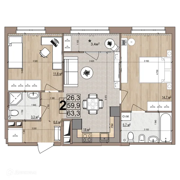 Планировка 2 комн. в ЖК Гранд комфорт