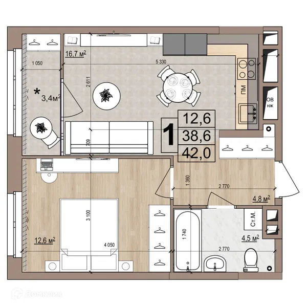 Планировка 1 комн. в ЖК Гранд комфорт