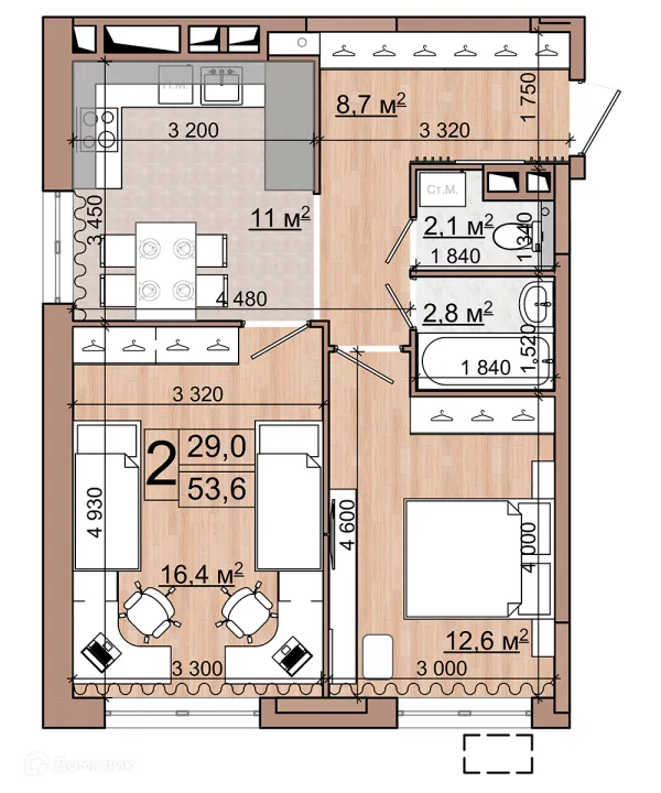 Планировка 2 комн. в ЖК Гранд комфорт