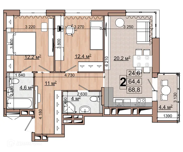 Планировка 2 комн. в ЖК Гранд комфорт