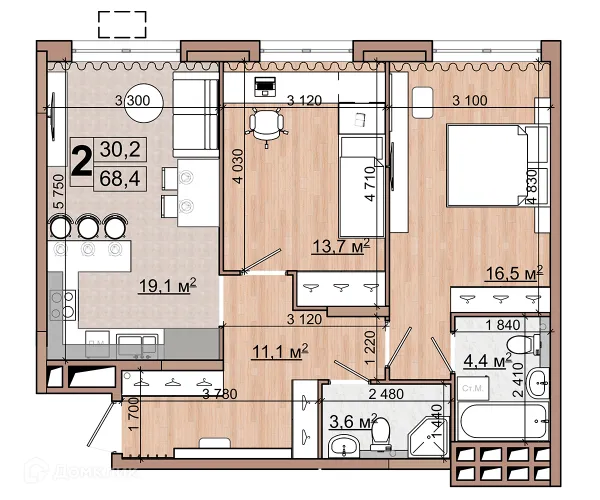 Планировка 2 комн. в ЖК Гранд комфорт