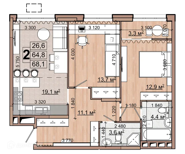 Планировка 2 комн. в ЖК Гранд комфорт