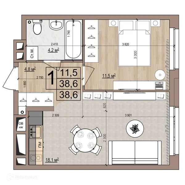 Планировка 1 комн. в ЖК Гранд комфорт