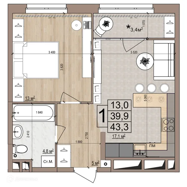 Планировка 1 комн. в ЖК Гранд комфорт