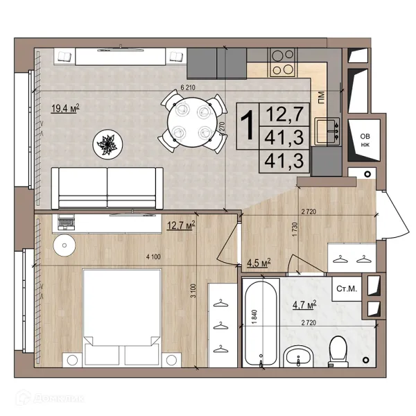 Планировка 1 комн. в ЖК Гранд комфорт