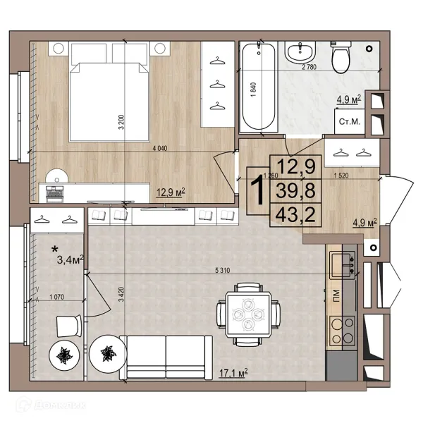 Планировка 1 комн. в ЖК Гранд комфорт