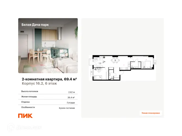 Планировка 2 комн. в ЖК Белая Дача парк