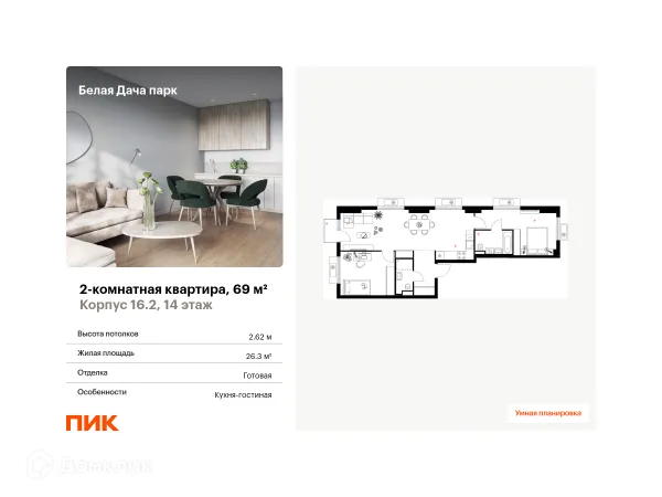 Планировка 2 комн. в ЖК Белая Дача парк