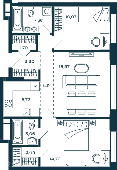 Планировка 2 комн. в ЖК Жилой дом М-5