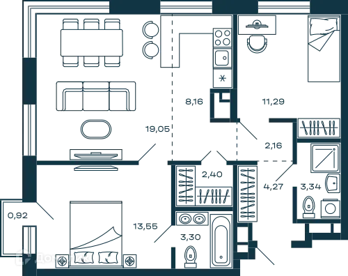 Планировка 2 комн. в ЖК Жилой дом М-5