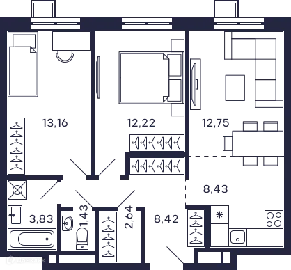 Планировка 2 комн. в ЖК Квартал "Тетрис"