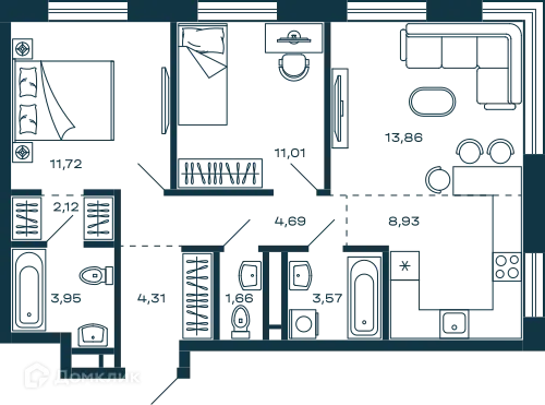 Планировка 2 комн. в ЖК Жилой дом М-5