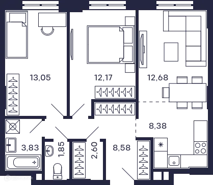 Планировка 2 комн. в ЖК Квартал "Тетрис"