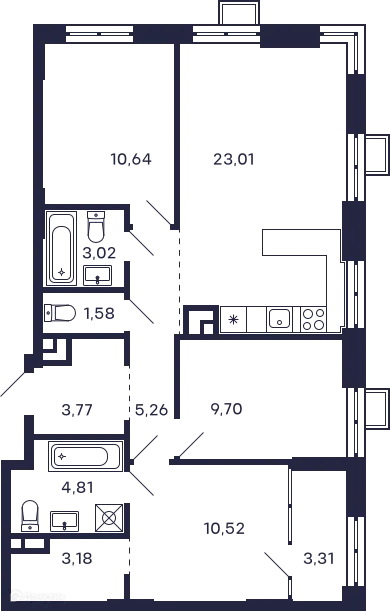 Планировка 3 комн. в ЖК Квартал "Тетрис"