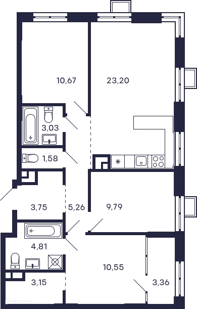 Планировка 3 комн. в ЖК Квартал "Тетрис"