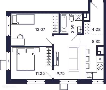 Планировка 2 комн. в ЖК Квартал "Тетрис"