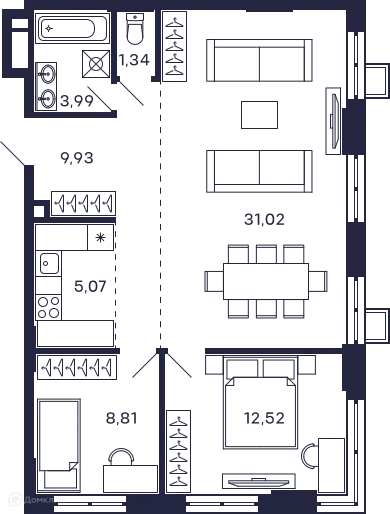 Планировка 2 комн. в ЖК Квартал "Тетрис"