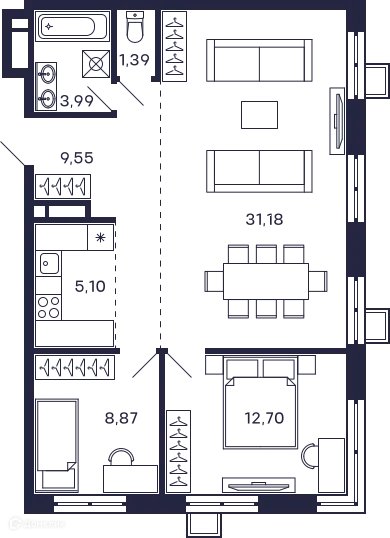 Планировка 2 комн. в ЖК Квартал "Тетрис"