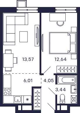 Планировка 1 комн. в ЖК Квартал "Тетрис"