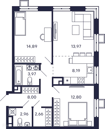 Планировка 2 комн. в ЖК Квартал "Тетрис"