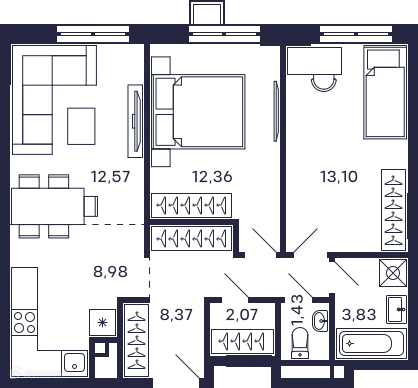 Планировка 2 комн. в ЖК Квартал "Тетрис"