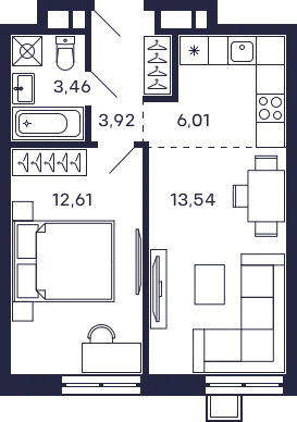 Планировка 1 комн. в ЖК Квартал "Тетрис"