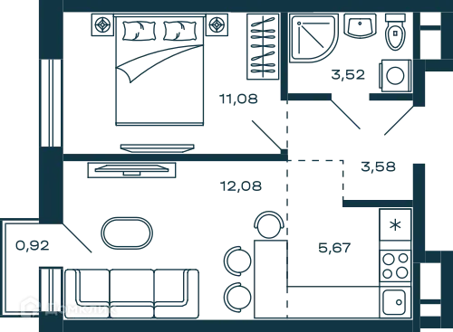 Планировка 1 комн. в ЖК Жилой дом М-5