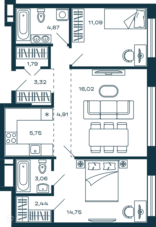 Планировка 2 комн. в ЖК Жилой дом М-5