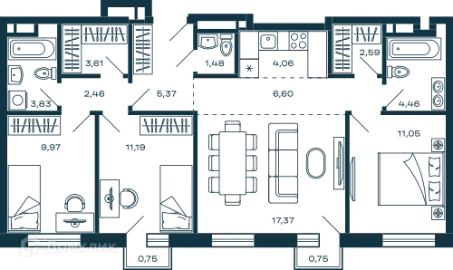 Планировка 3 комн. в ЖК Жилой дом М-5